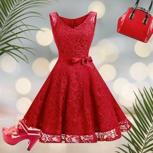 ✅ NWOT Women Floral Lace Bridesmaid Party Dress Short Prom Dress V Neck